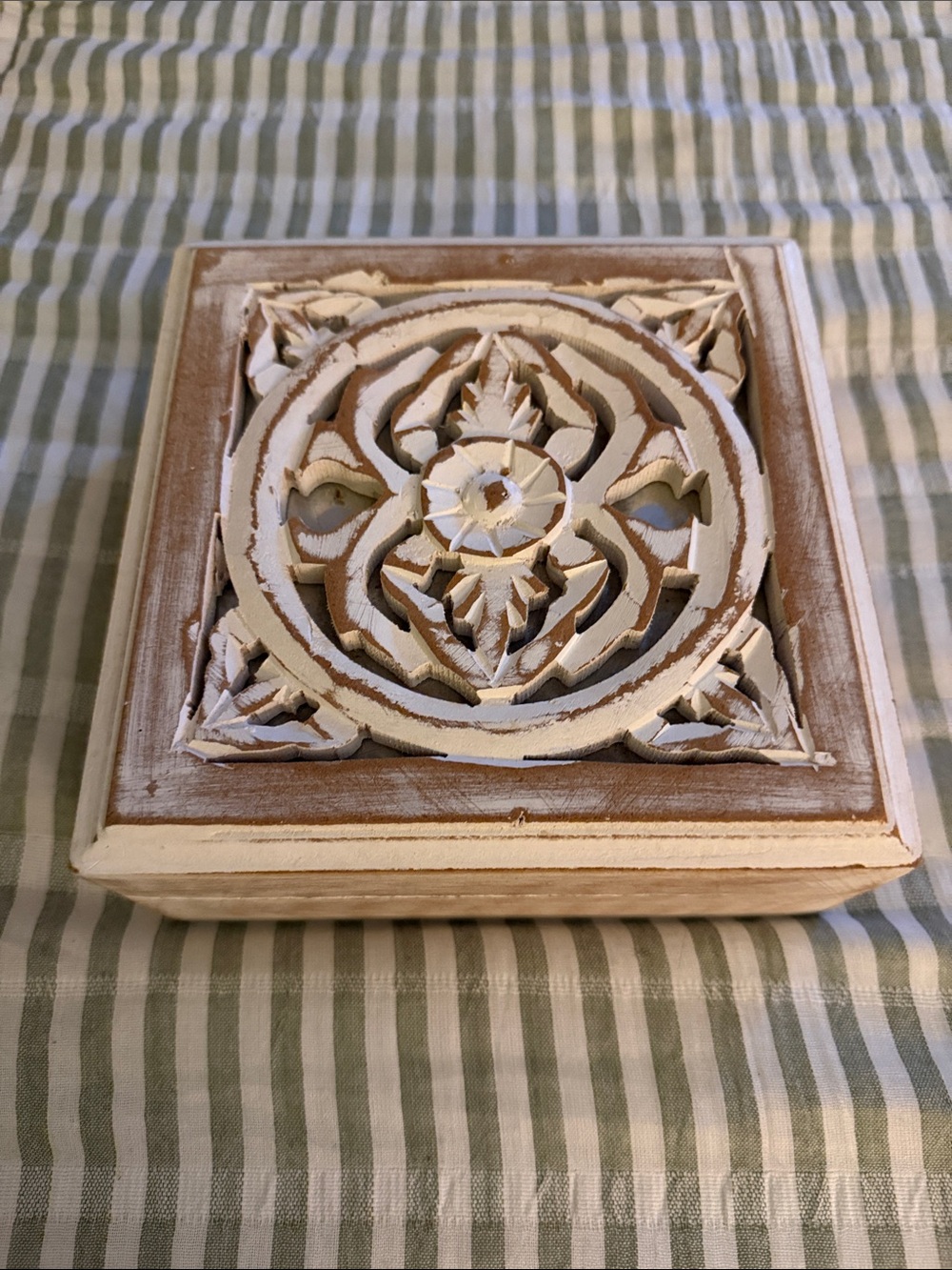 Carved Wooden Trinket Box with Distressed White Finish